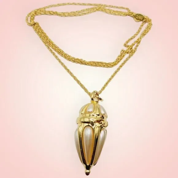 Chatelaine Poison Locket Casket Bottle Necklace by Joan Rivers Gold Plated Pearl - Picture 2 of 10
